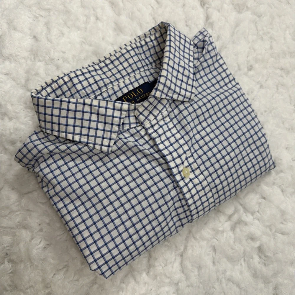 POLO RALPH LAUREN Long Sleeve Button Shirt Men XL Blue‎ White Checked Windowpane